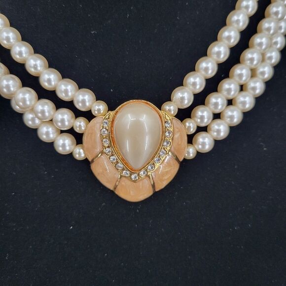 Three Strand Faux Pearl Necklace with Large Teardrop Pearl Gold Toned Pendant - Picture 2 of 8